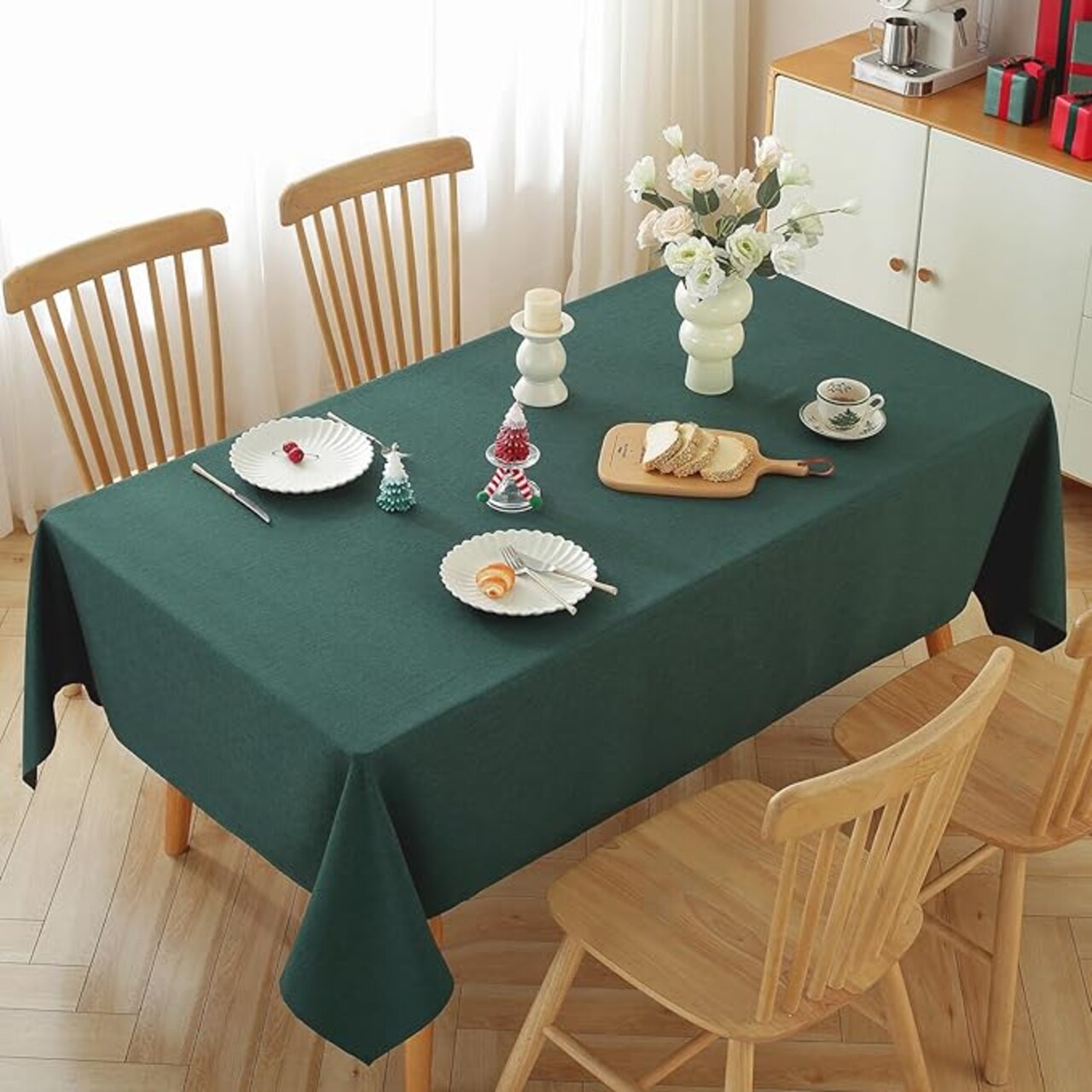 Linen Tablecloth Waterproof Spill Proof and Wrinkle Free Machine Washable Table Cover for Dining Table, Kitchen, Parties and Christmas, Dark Green
